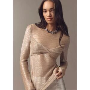 Anthropologie Womens L Gold Shimmer Twist Front Sheer Blouse NEW